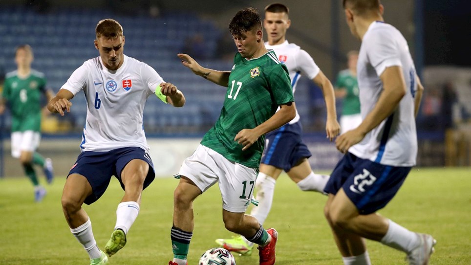 Chris Conn-Clarke (17) taking on multiple defenders in Northern Ireland Under-21s 1-0 win over Slovakia