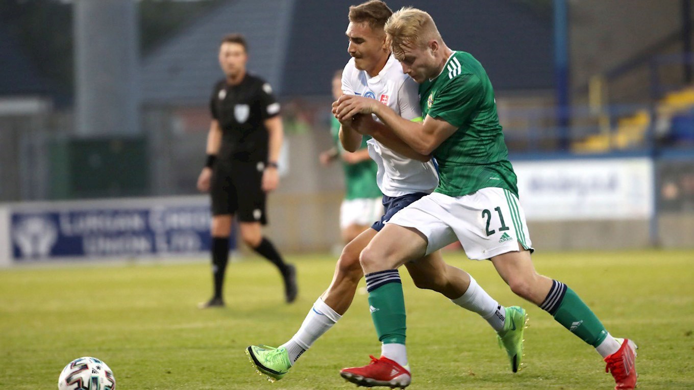 Paddy Lane (21) showing his physical side in Northern Ireland Under-21s 1-0 win over Slovakia