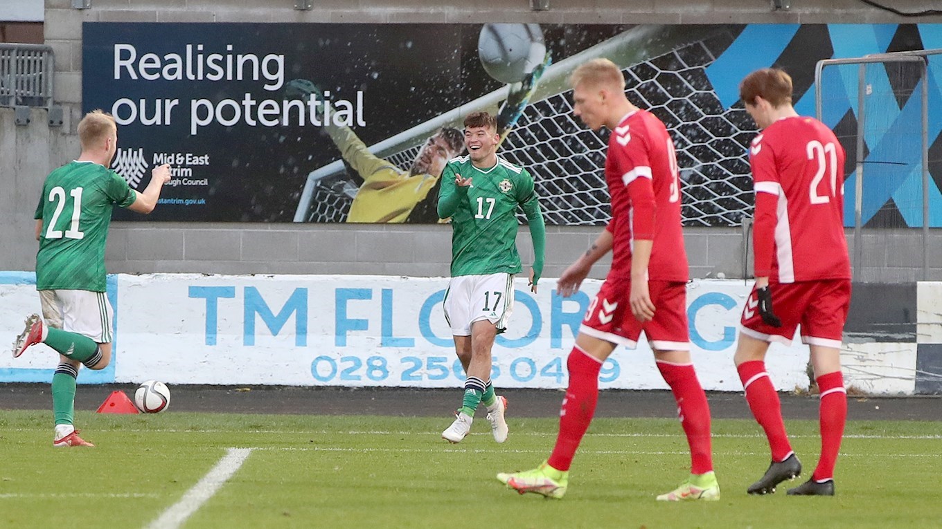 Chris Conn-Clarke (17) celebrating his free-kick goal in Northern Ireland Under-21s 4-0 win over Lithuania with Paddy Lane (21).