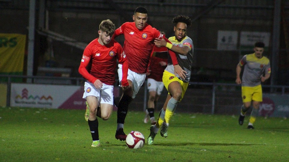 Cian Hayes running down the wing after scoring against Mickleover whilst on loan at FC United of Manchester.