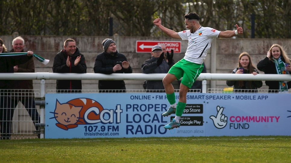 Akiel Raffie after scoring his first goal for Nantwich Town in a 2-0 win over FC United of Manchester.